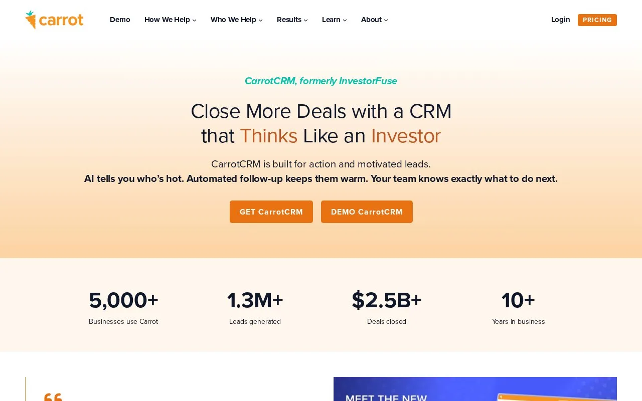 Screenshot of the CarrotCRM homepage