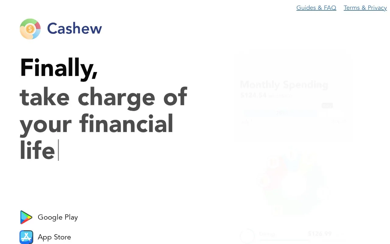 Screenshot of the Cashew homepage