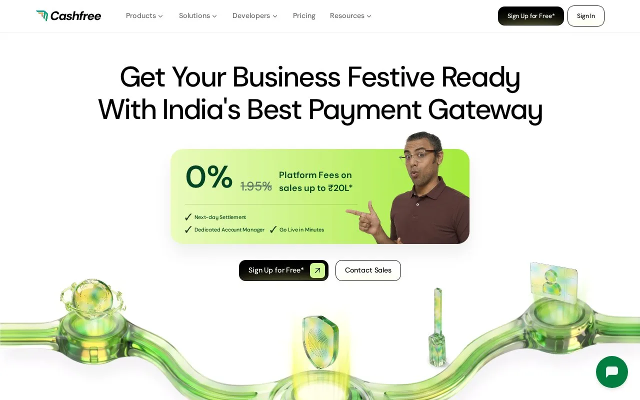 Screenshot of the Cashfree Payments homepage
