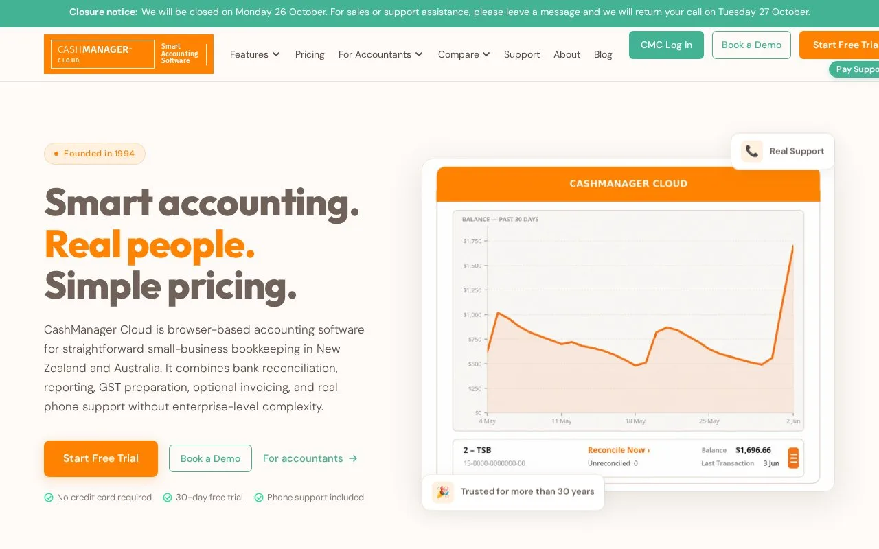 Screenshot of the CashManager Cloud homepage