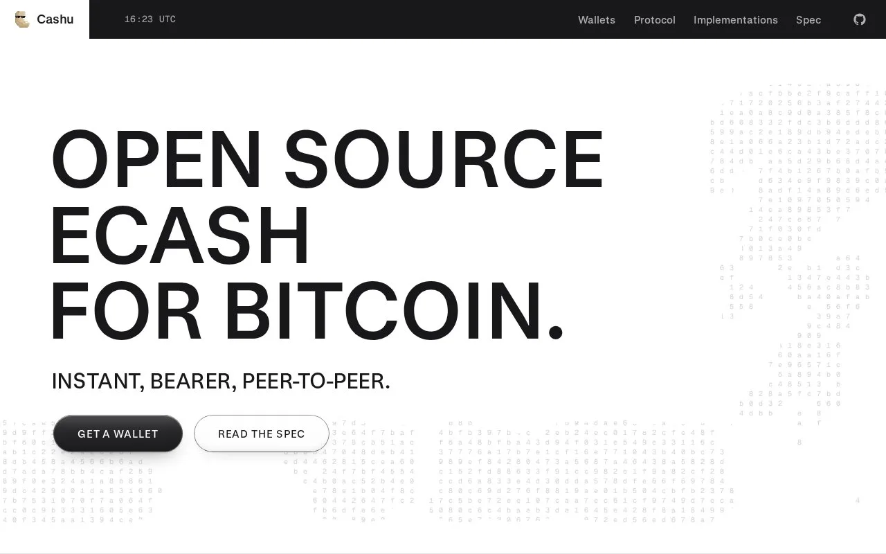 Screenshot of the Cashu homepage