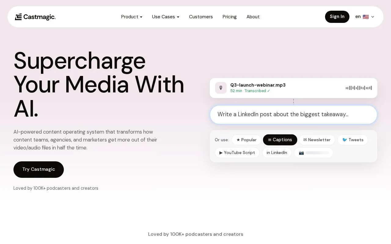 Screenshot of the Castmagic homepage