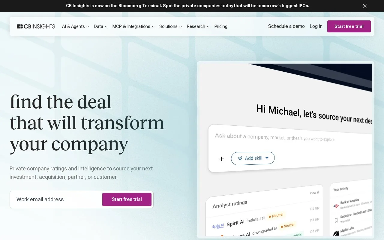 Screenshot of the CB Insights homepage