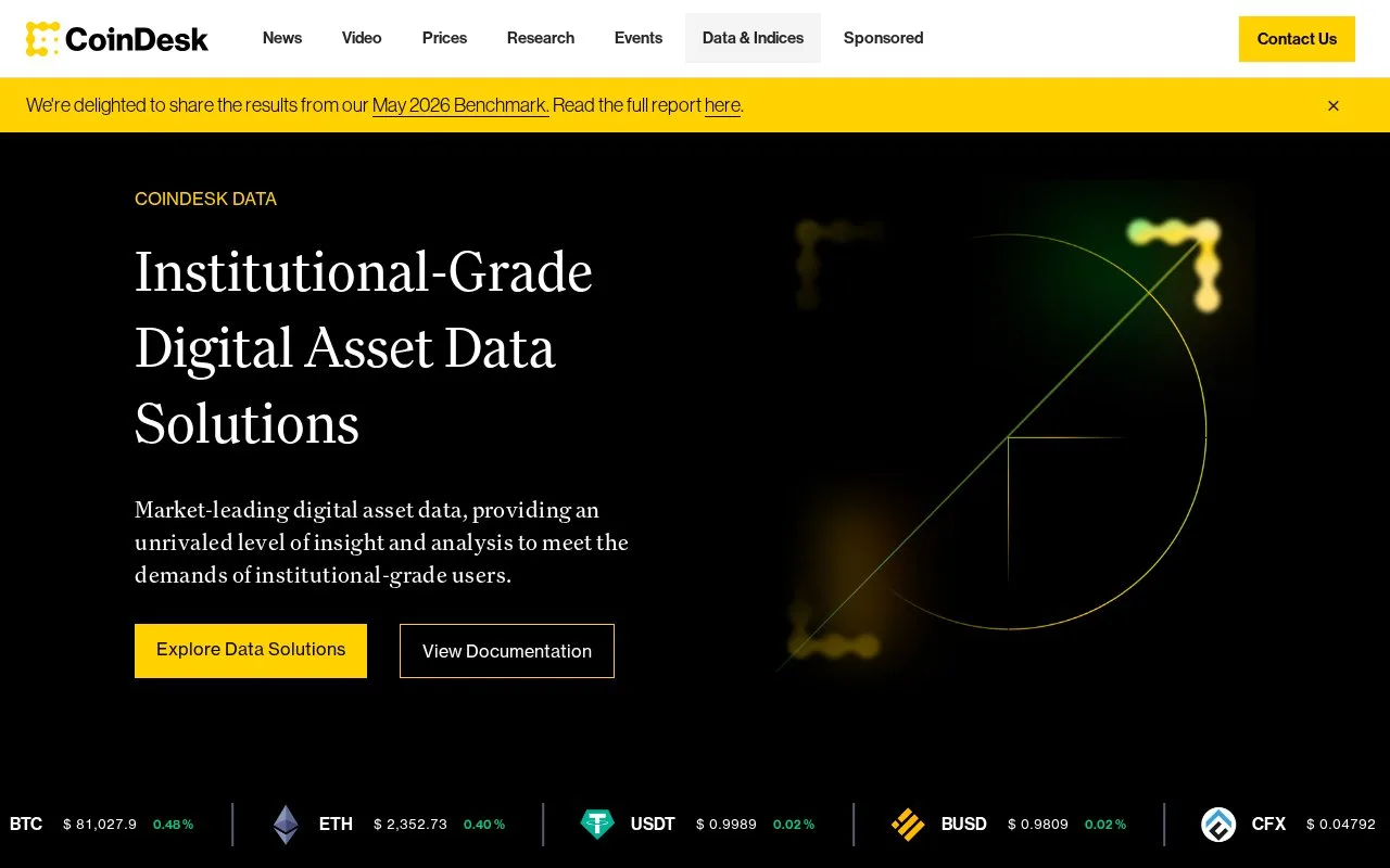 Screenshot of the CoinDesk Data homepage