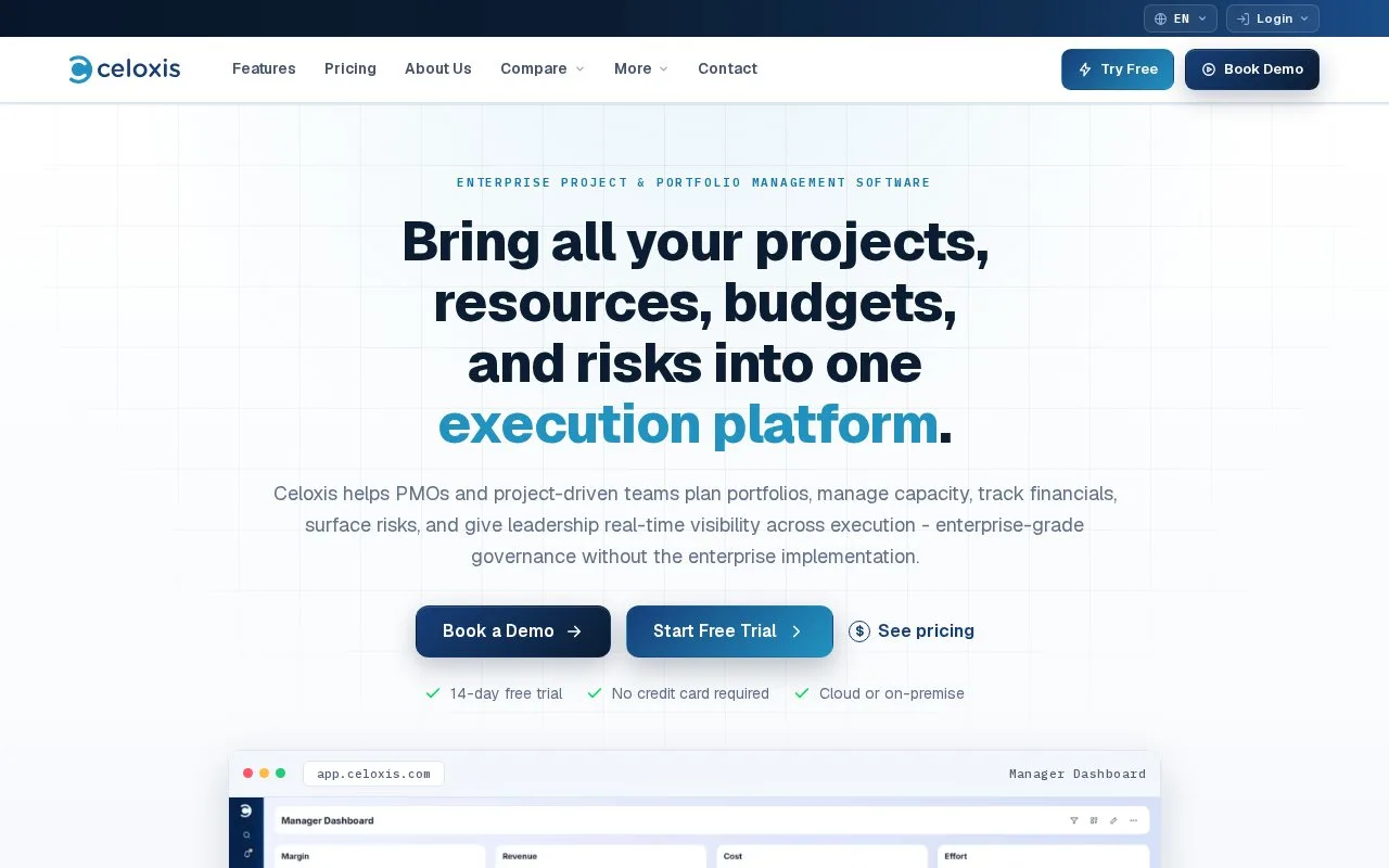 Screenshot of the Celoxis homepage