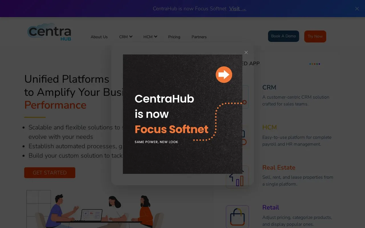 Screenshot of the CentraHub CRM homepage