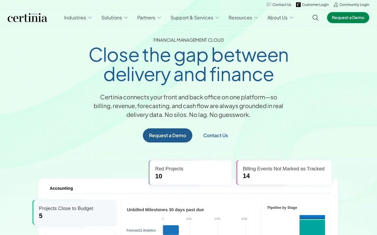 Screenshot of the Certinia Financial Management Cloud homepage