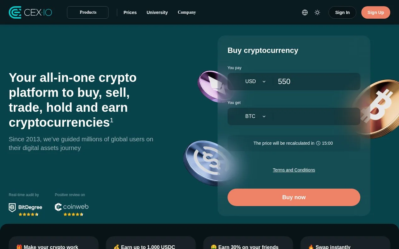 Screenshot of the CEX.IO homepage