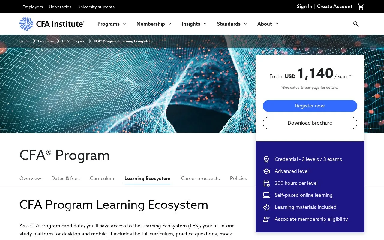 Screenshot of the CFA Institute Learning Ecosystem homepage