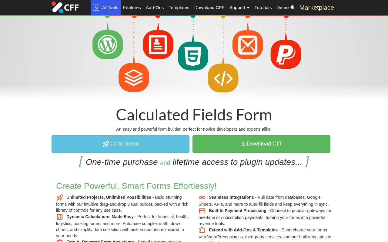 Screenshot of the Calculated Fields Form homepage