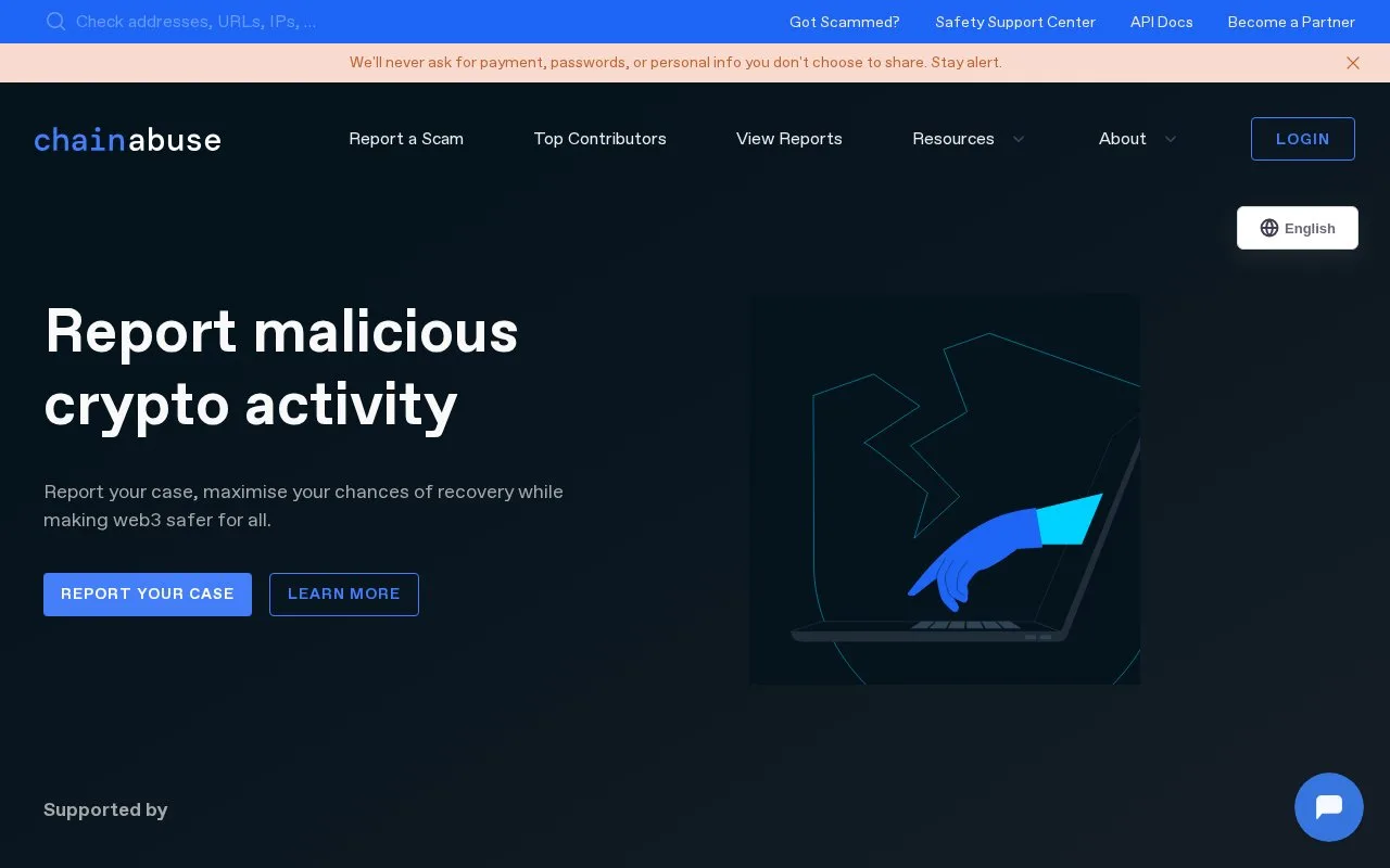Screenshot of the Chainabuse homepage