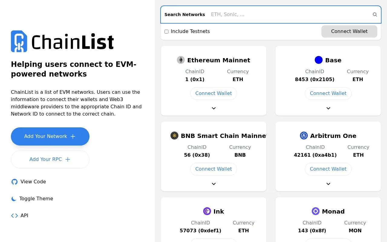 Screenshot of the Chainlist homepage