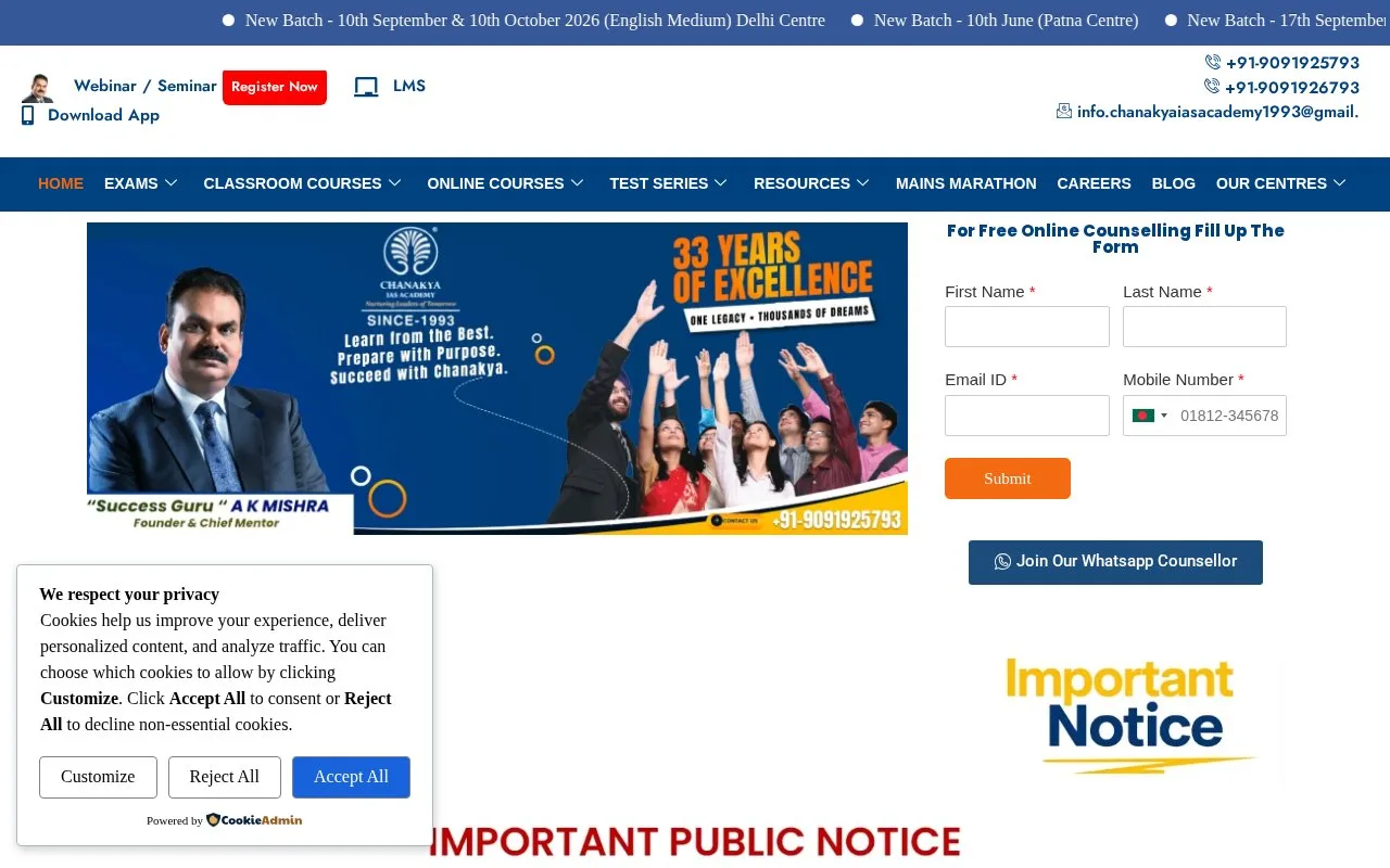 Screenshot of the Chanakya IAS Academy homepage