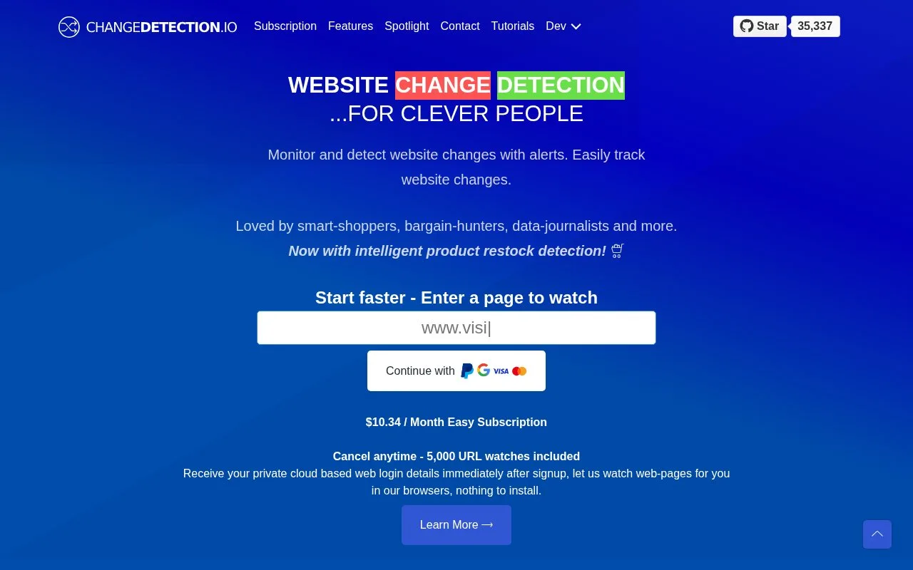Screenshot of the changedetection.io homepage