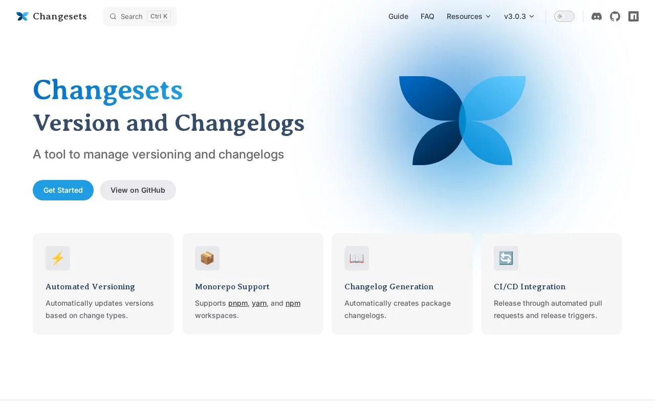 Screenshot of the Changesets homepage