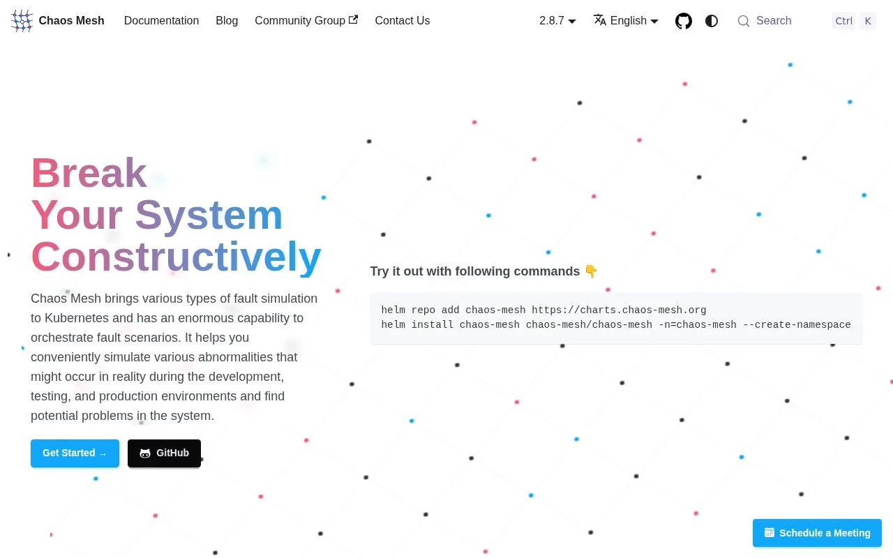 Screenshot of the Chaos Mesh homepage
