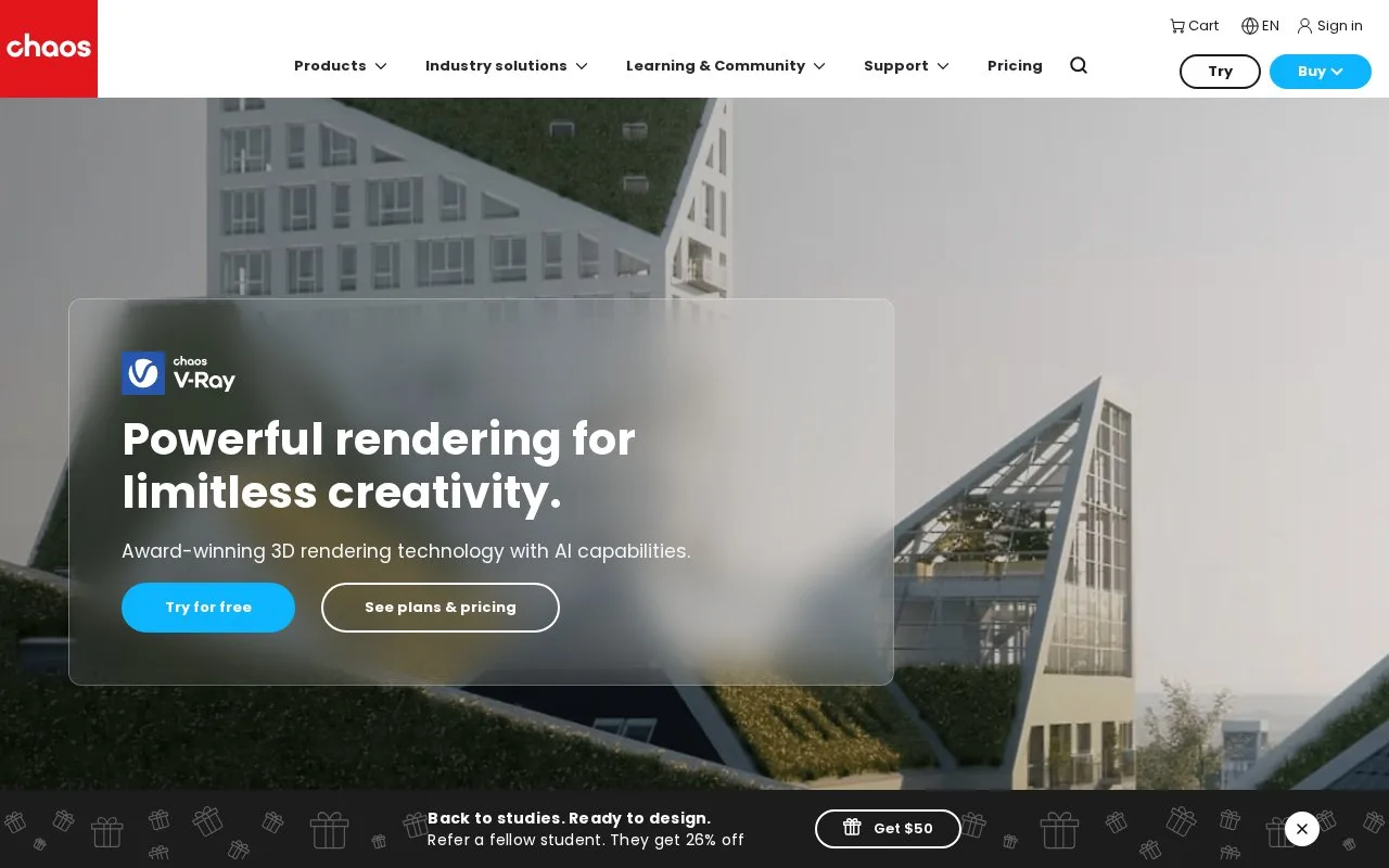 Screenshot of the V-Ray homepage