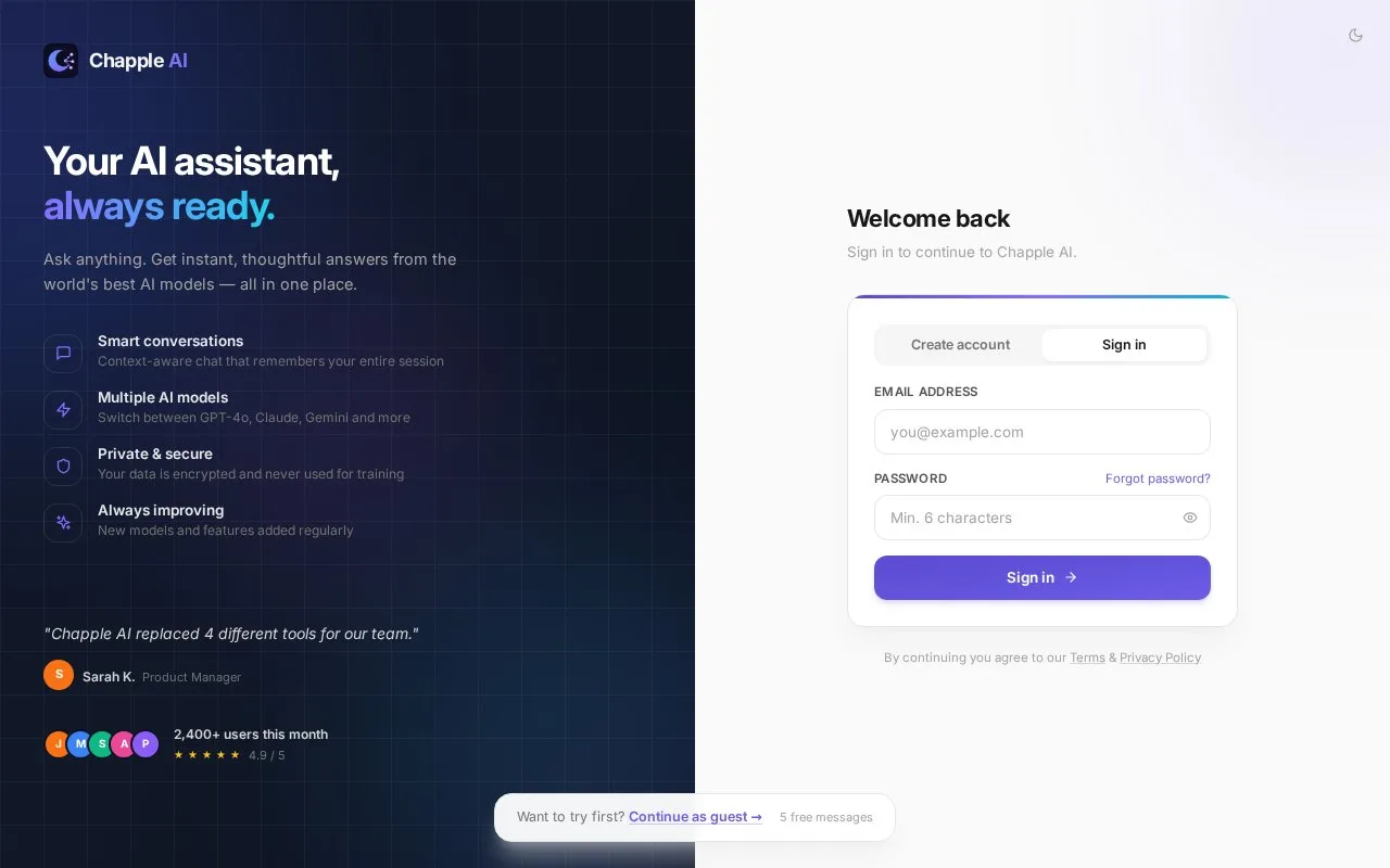 Screenshot of the Chapple homepage
