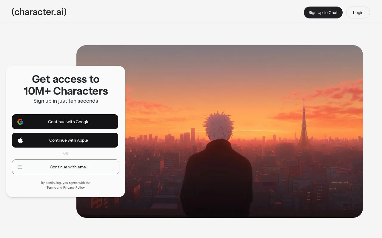Screenshot of the Character.ai homepage