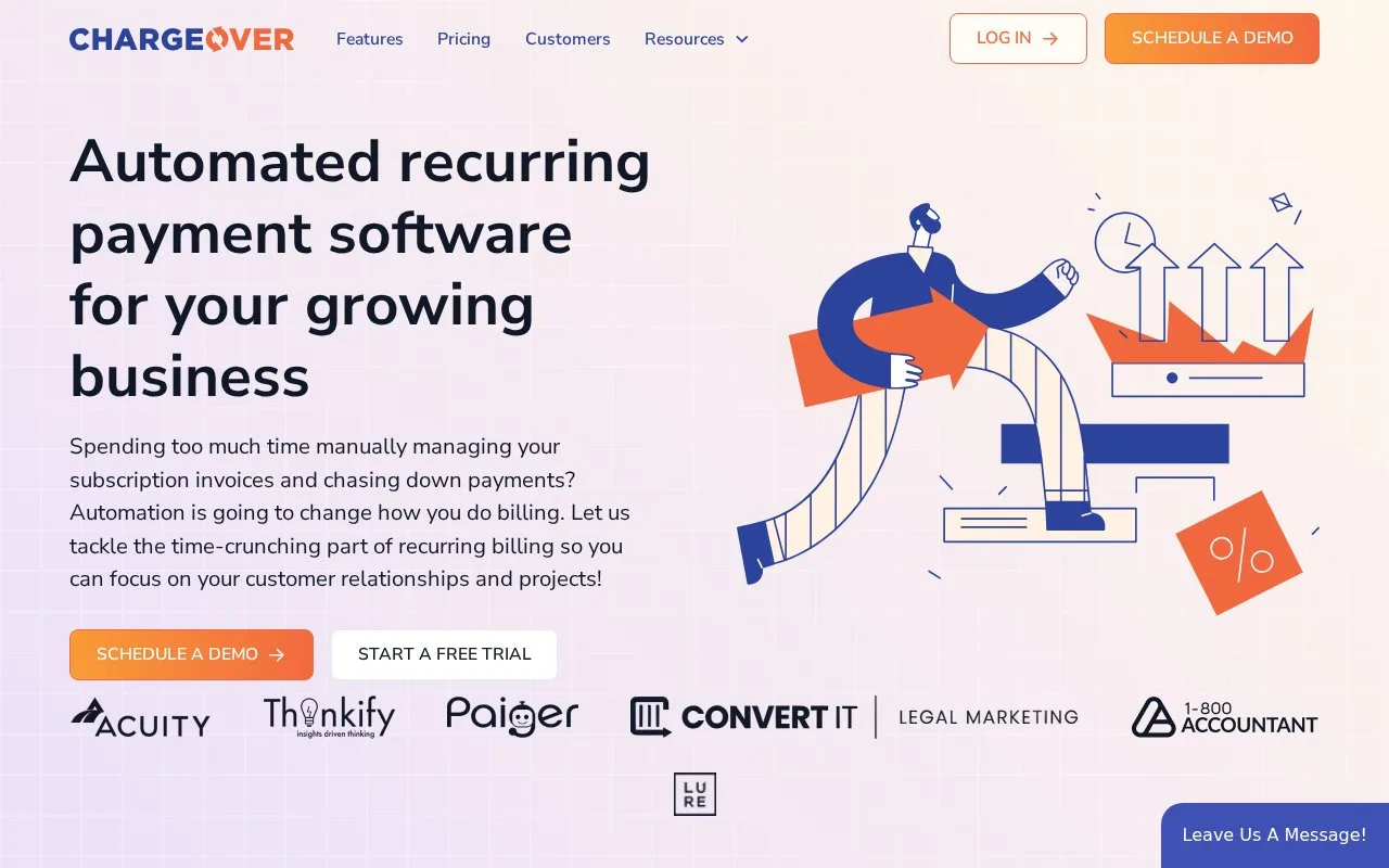 Screenshot of the ChargeOver homepage