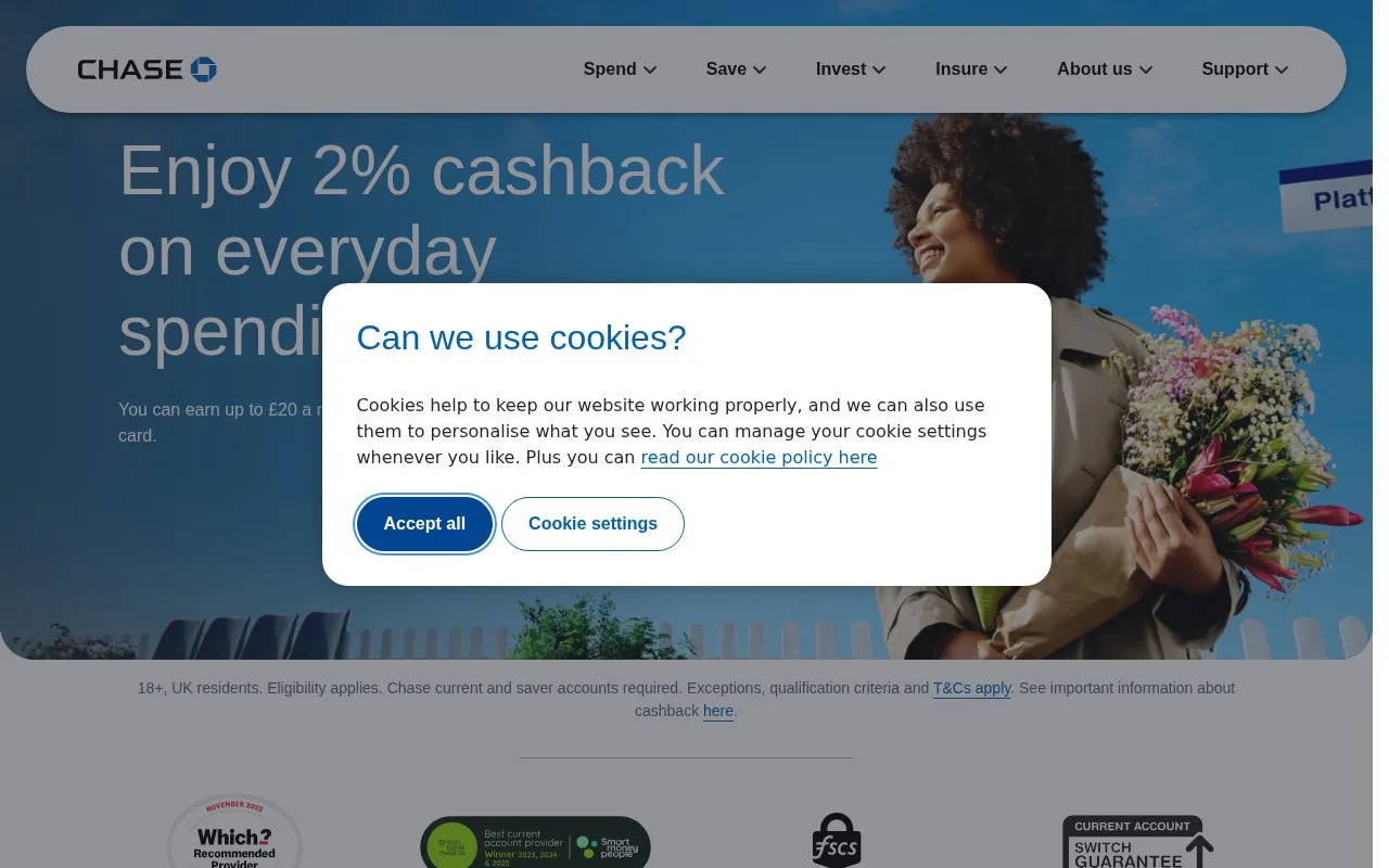 Screenshot of the Chase UK homepage