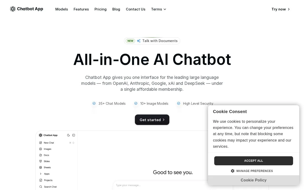 Screenshot of the Chatbot App homepage