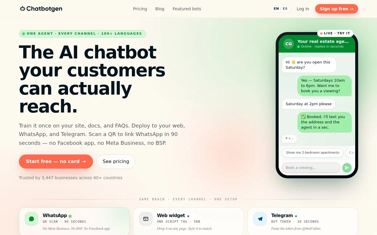 Screenshot of the ChatbotGen homepage
