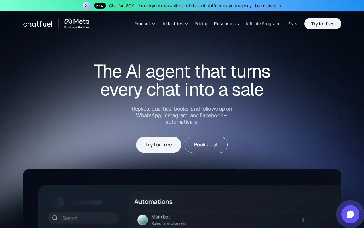 Screenshot of the Chatfuel homepage
