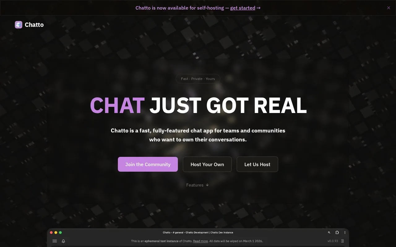 Screenshot of the Chatto homepage