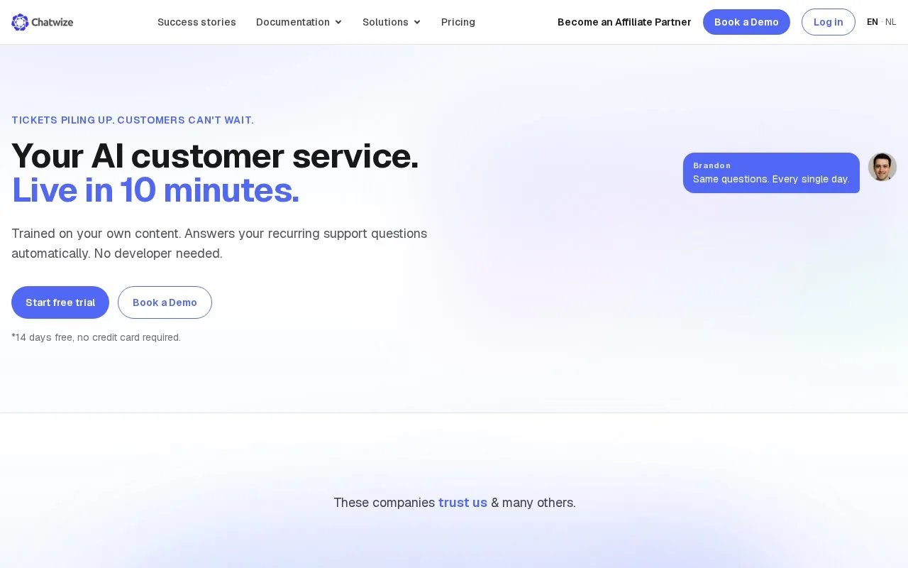 Screenshot of the Chatwize homepage
