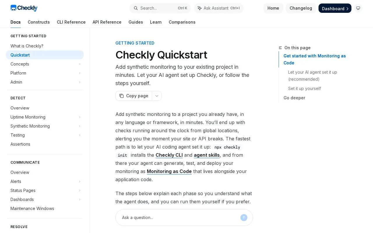 Screenshot of the Checkly homepage