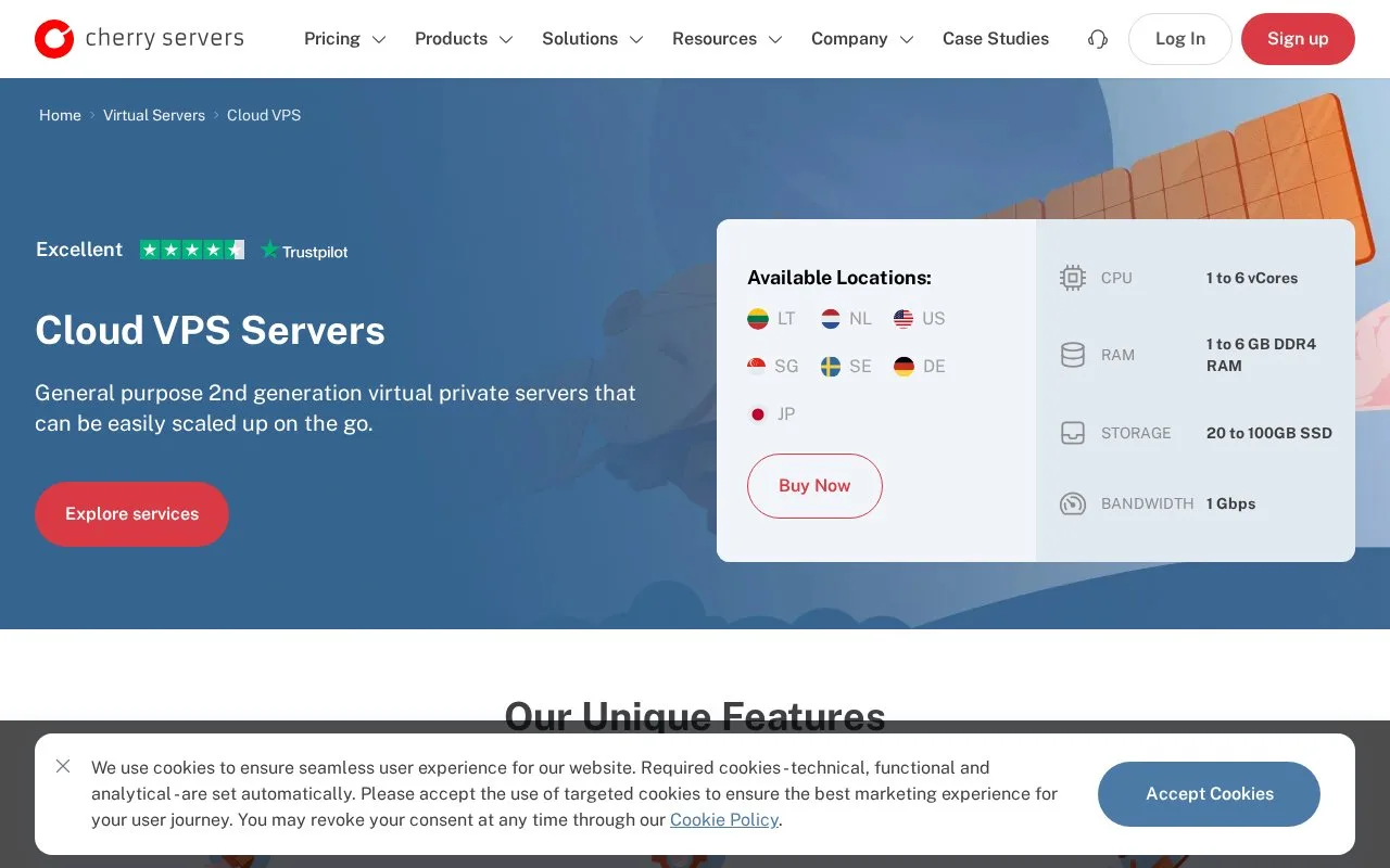 Screenshot of the Cherry Servers Cloud VPS homepage