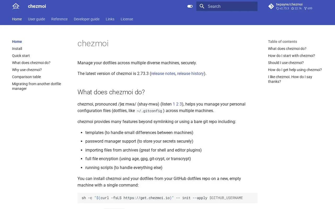 Screenshot of the chezmoi homepage