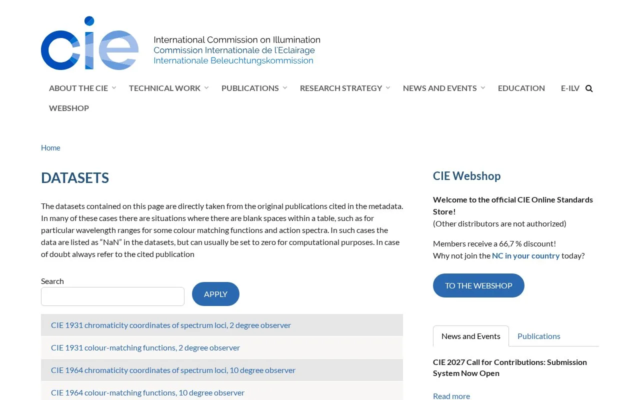 Screenshot of the CIE Open Access Datasets homepage