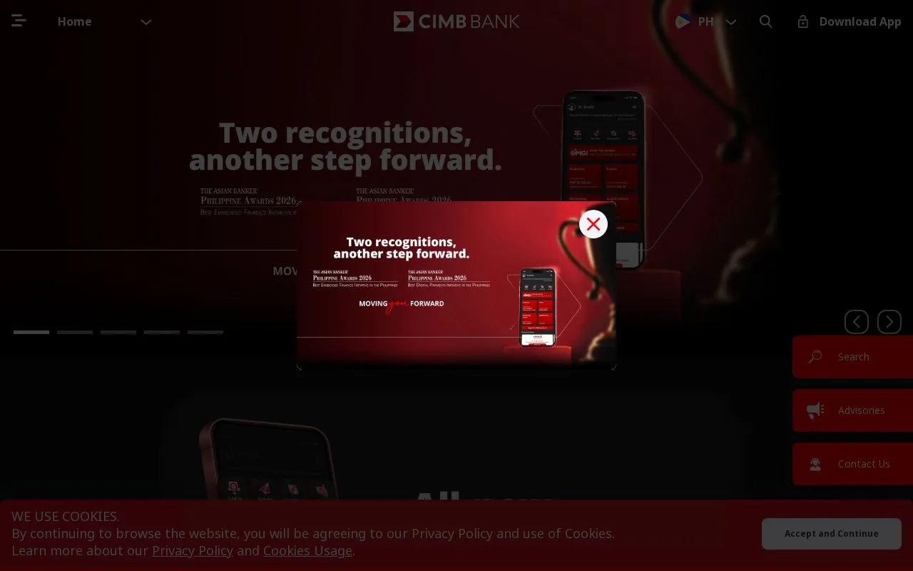 Screenshot of the CIMB homepage