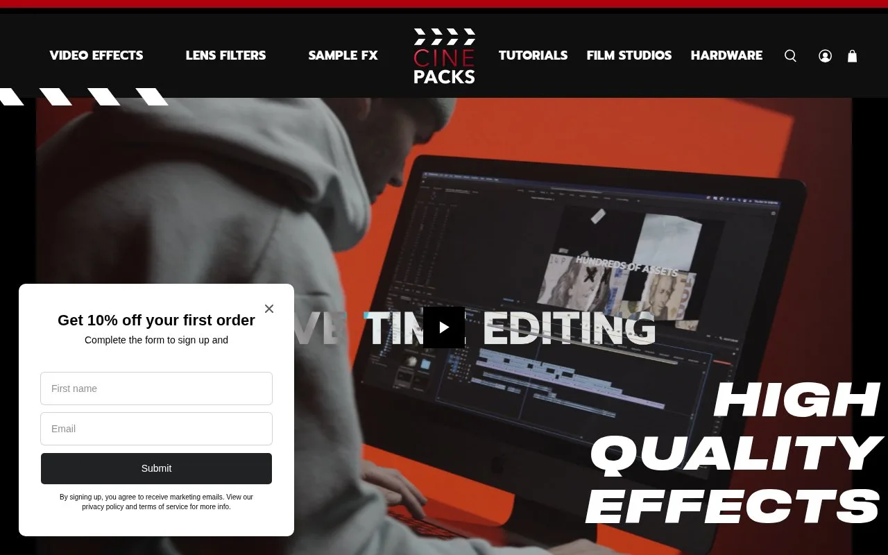 Screenshot of the CinePacks homepage