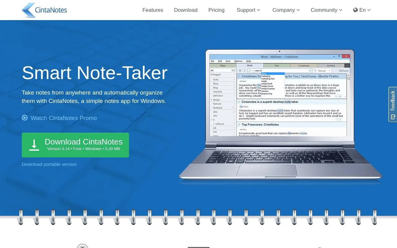 Screenshot of the CintaNotes homepage