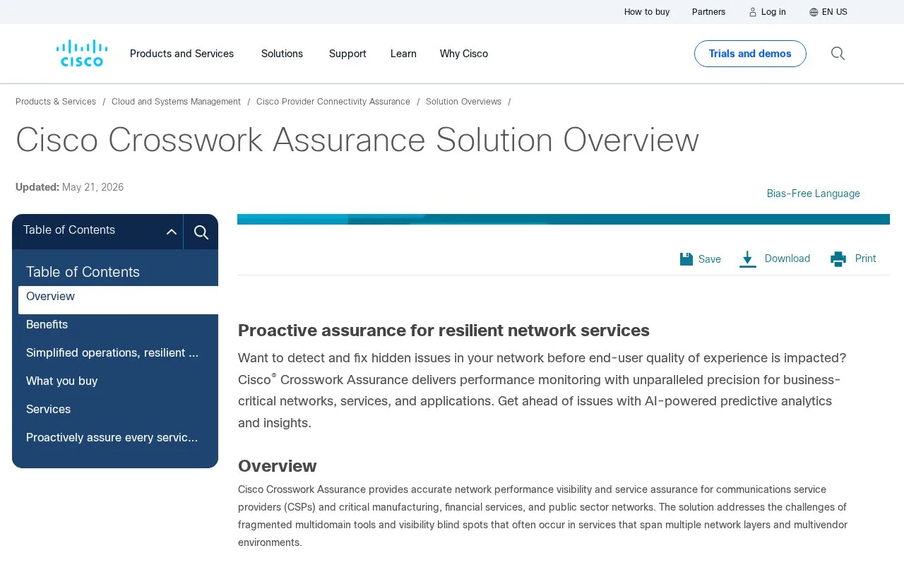 Screenshot of the Cisco Crosswork Assurance homepage