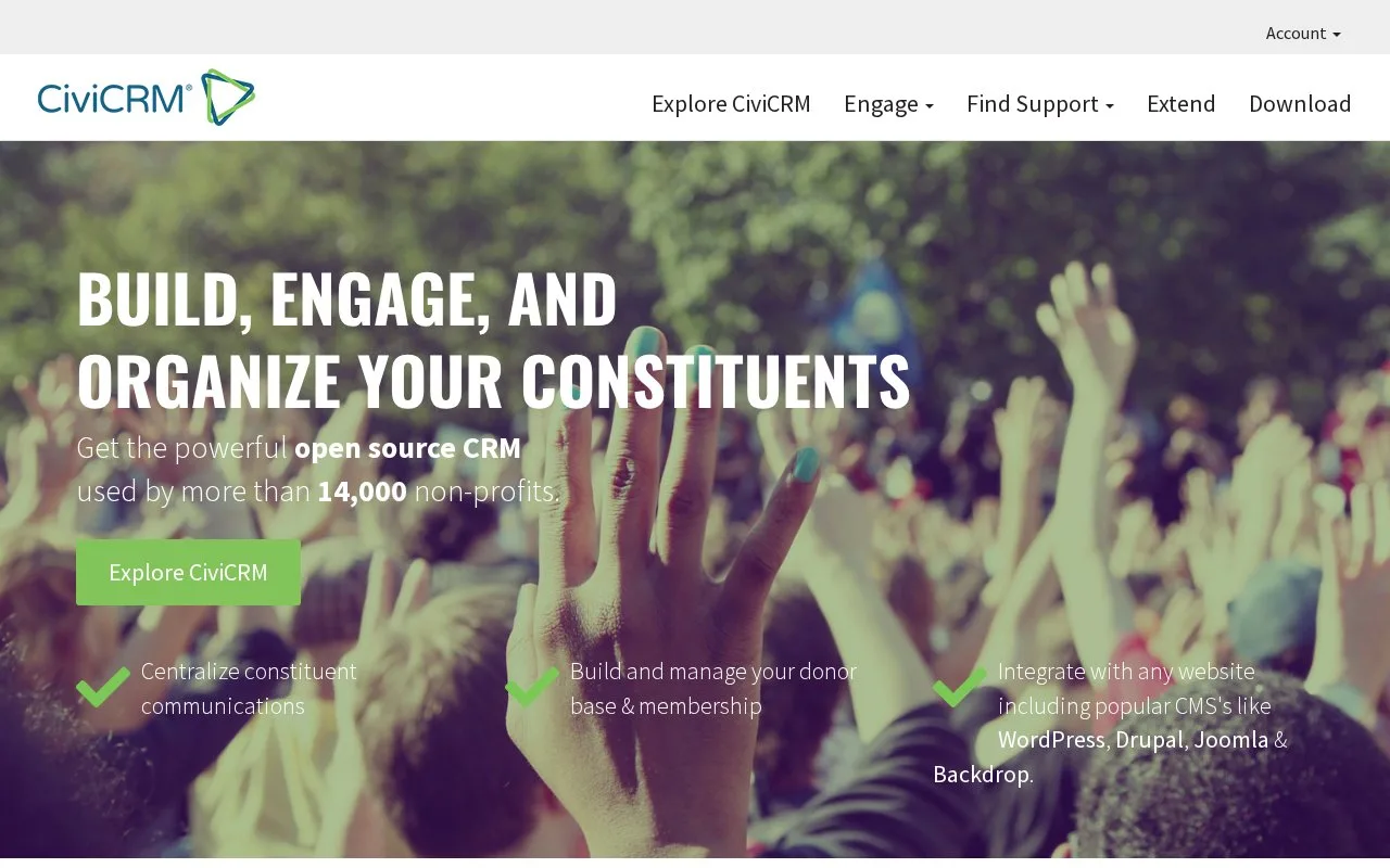 Screenshot of the CiviCRM homepage