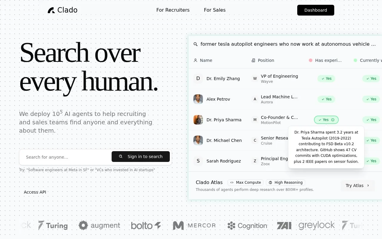 Screenshot of the Clado homepage