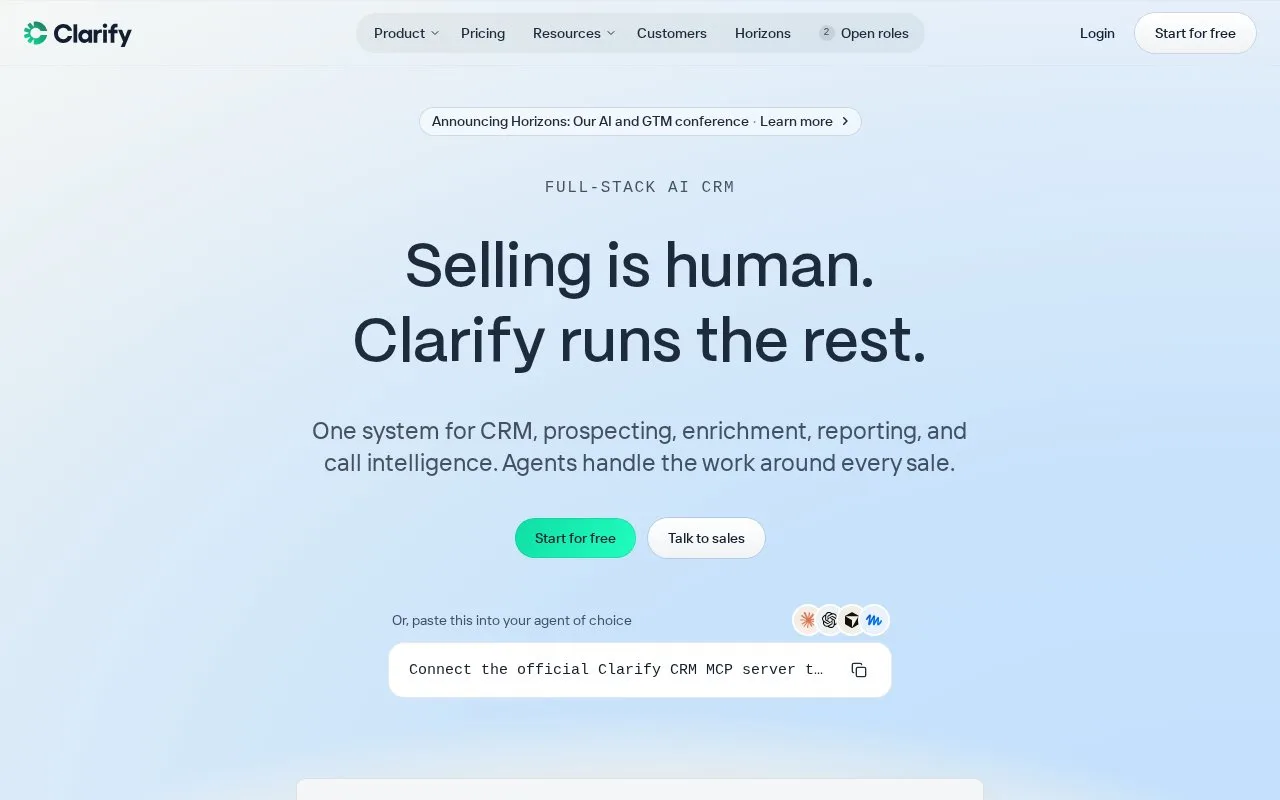 Screenshot of the Clarify homepage