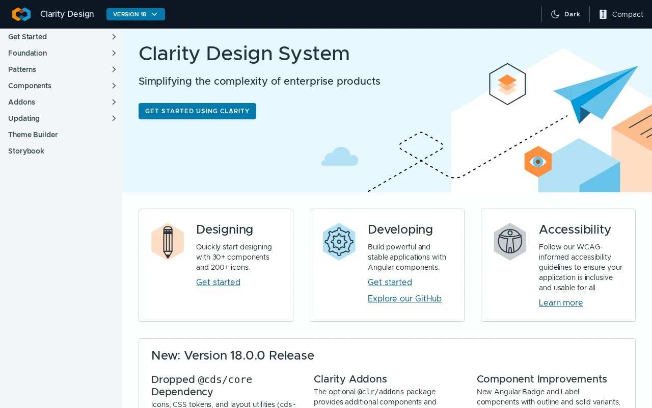 Screenshot of the Clarity Angular homepage