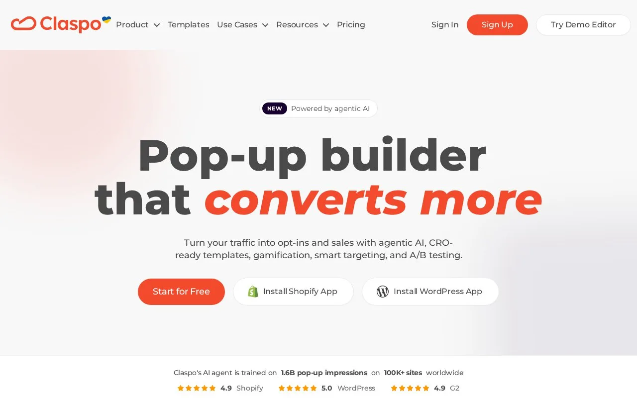 Screenshot of the Claspo homepage