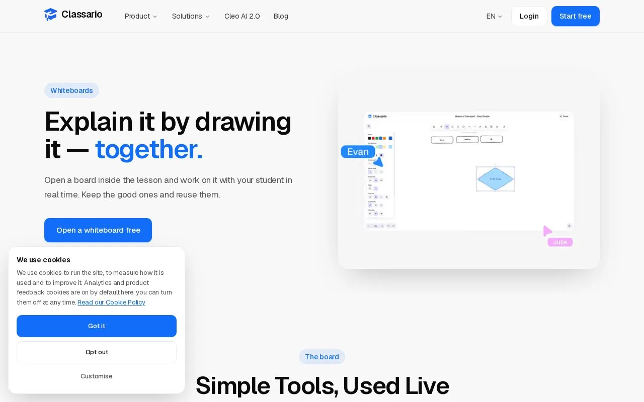 Screenshot of the Classario Whiteboards homepage