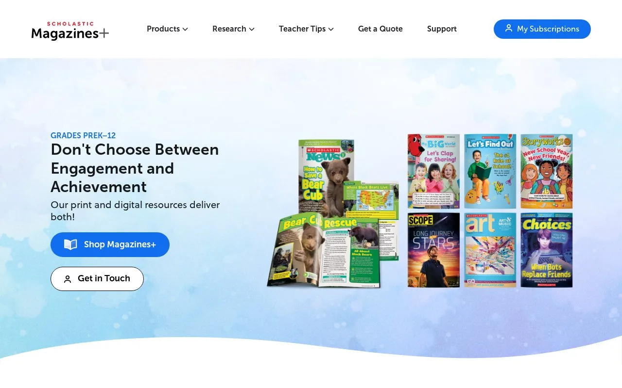 Screenshot of the Scholastic Magazines+ homepage