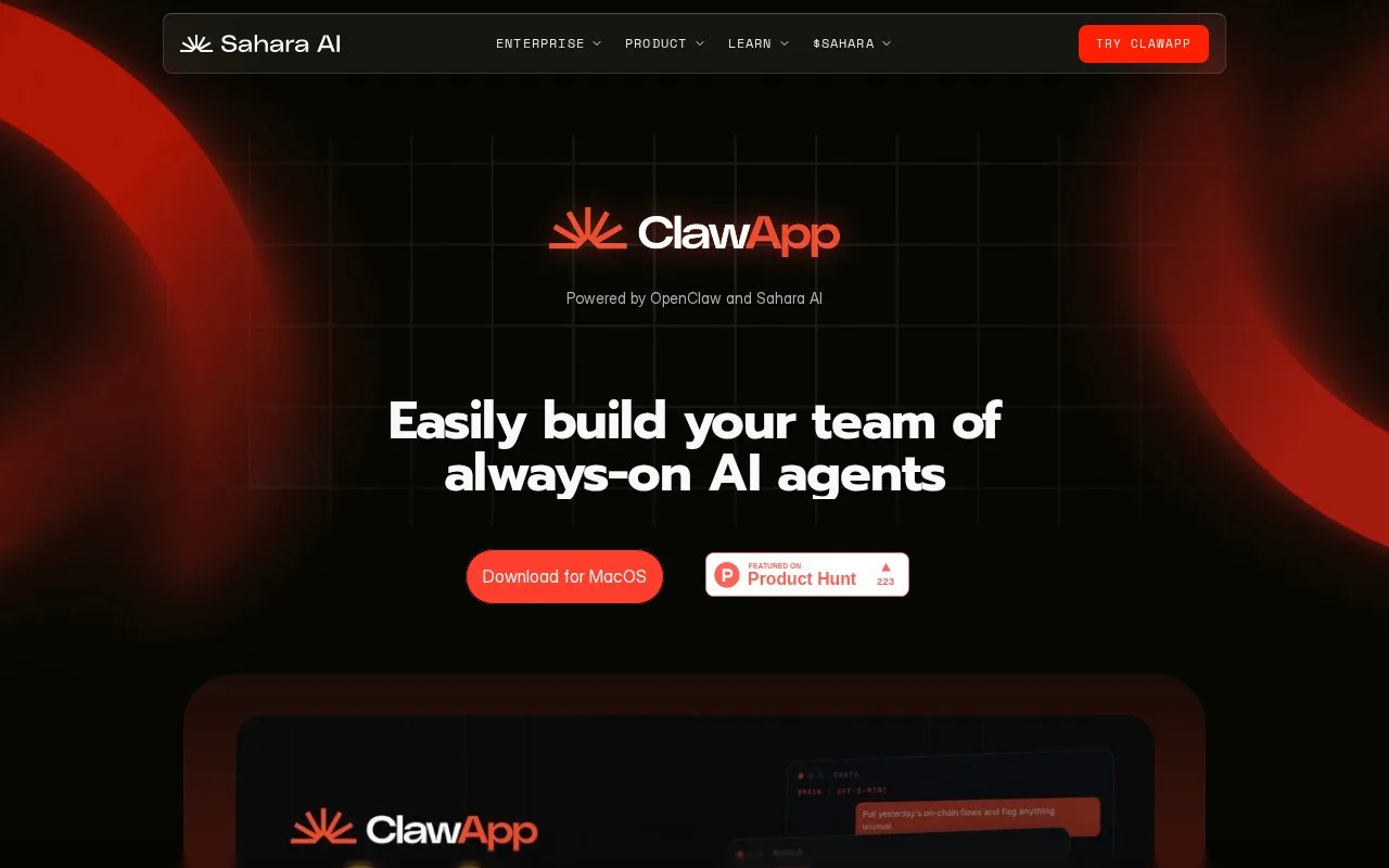 Screenshot of the ClawApp homepage