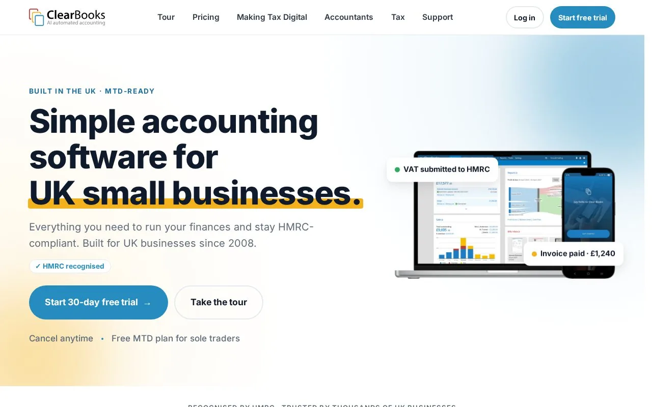 Screenshot of the Clear Books homepage