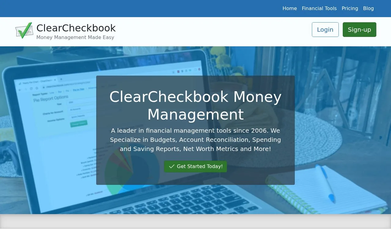 Screenshot of the ClearCheckbook homepage