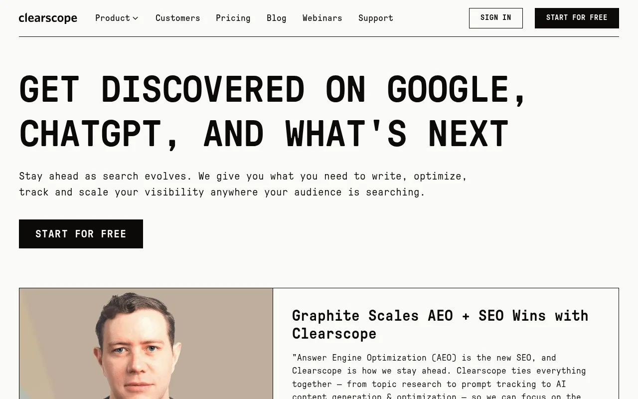 Screenshot of the Clearscope homepage