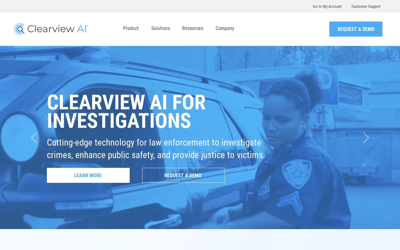 Screenshot of the Clearview AI homepage
